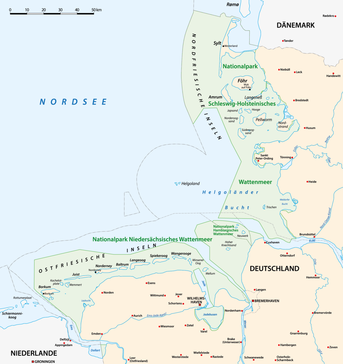 Karte der Wattenmeer-Gebiete in den Niederlanden, Deutschland und Dänemark